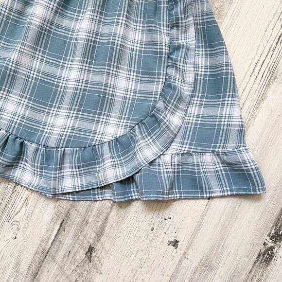 Wonder Nation Girls Dress 4-5 Teal Plaid Puff Sleeve Smocked Bodice Ruffle Hem - Picture 3 of 8